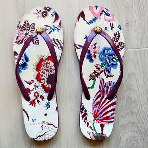 Tory Burch Floral Flip Flops with Burgundy Straps
